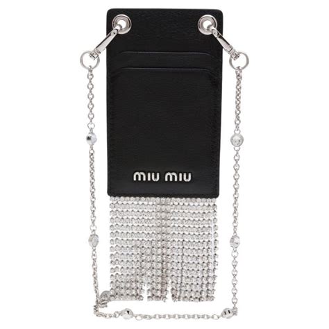 Miu Miu Black Leather Crystal Embellished Fringe Card Holder .